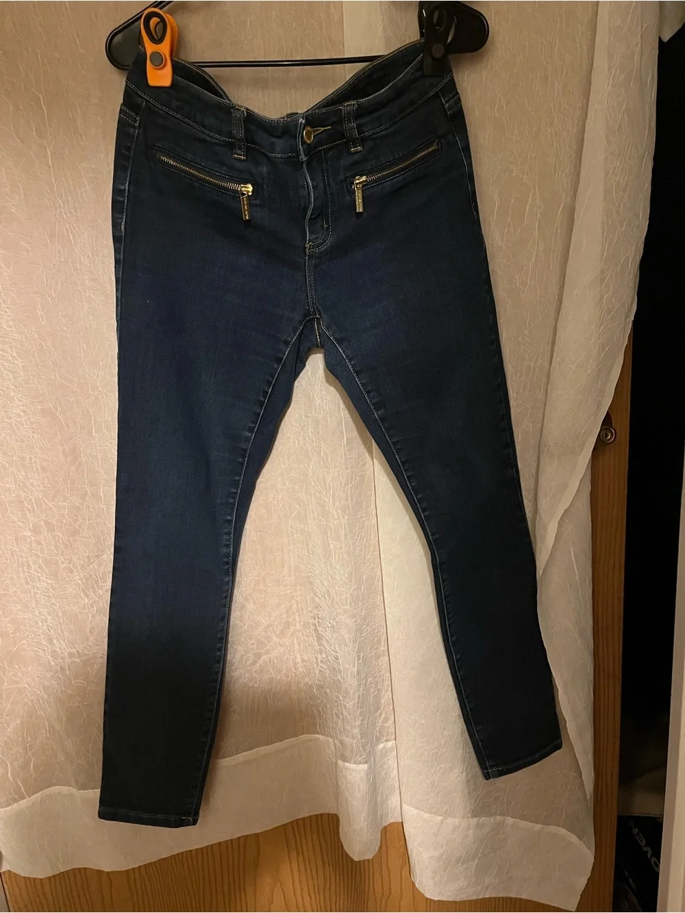 Michael Kors Dark Blue Skinny Jeans with Gold Zip Accents